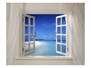 Beach through an open window