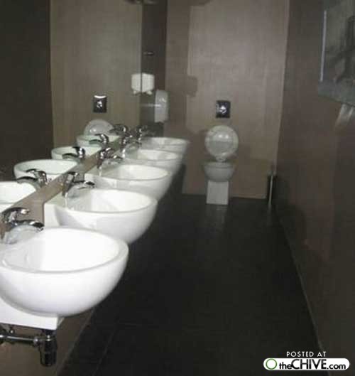 single toilet with 5 sinks