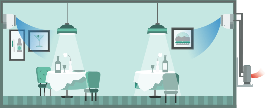 Wall mounted air conditioner in a restaurant, twin-split (heating), illustration