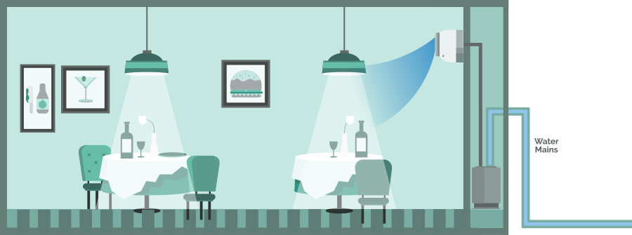 Wall mounted air conditioner in a restaurant, water-cooled (Heating), illustration