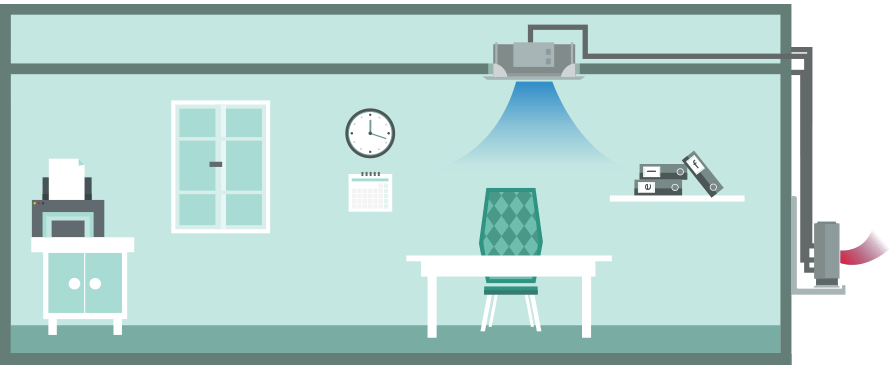 Ceiling Cassette air conditioning unit in a school, single split (heating), illustration