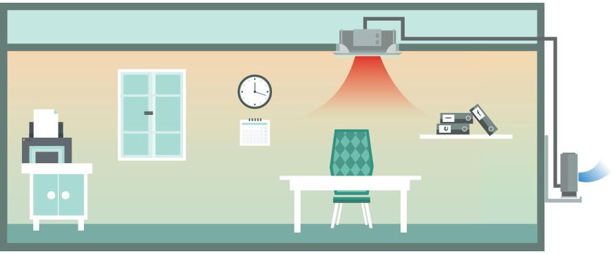 Ceiling Cassette air conditioning unit in a school, single split (heating), illustration