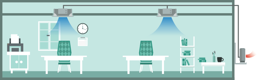 Ceiling Cassette air conditioning units in a school, twin-split (heating), illustration