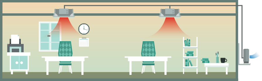 Ceiling Cassette air conditioning units in a school, twin-split (heating), illustration