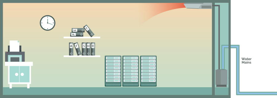 Under ceiling air conditioner in a server room, water-cooled (heating), illustration