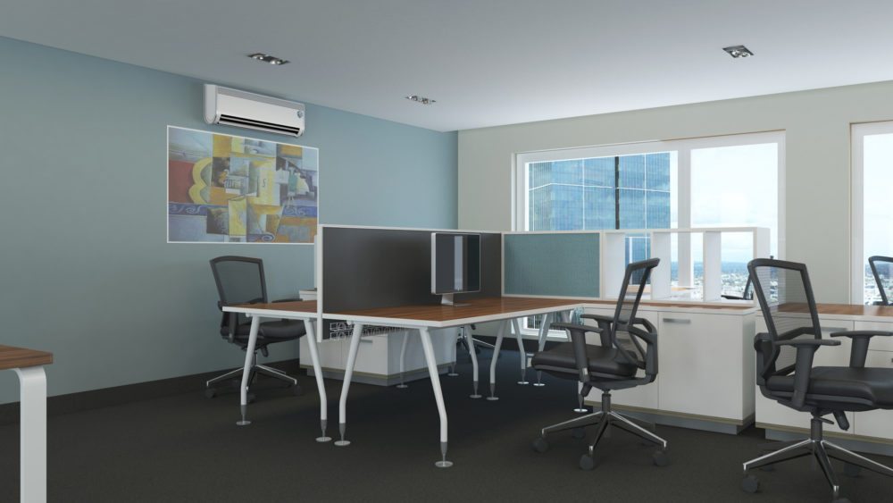 Aire acondicionado de pared blanco instalado en una oficina