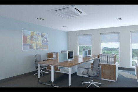 White Ceiling Mounted Cassette Air Conditioning Unit in an Office