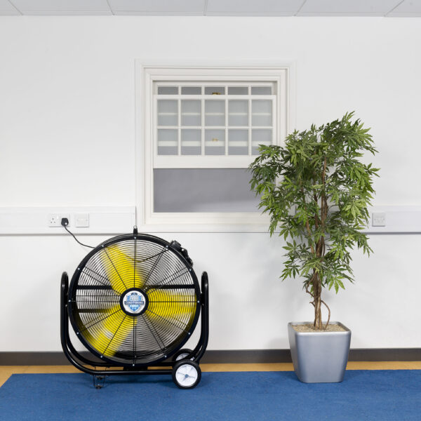 Black, portable Tank Fan in a showroom