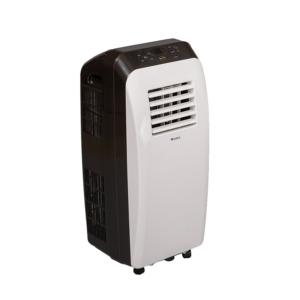 Airconco Mini portable air conditioner at an angle, white and dark brown case - white png background